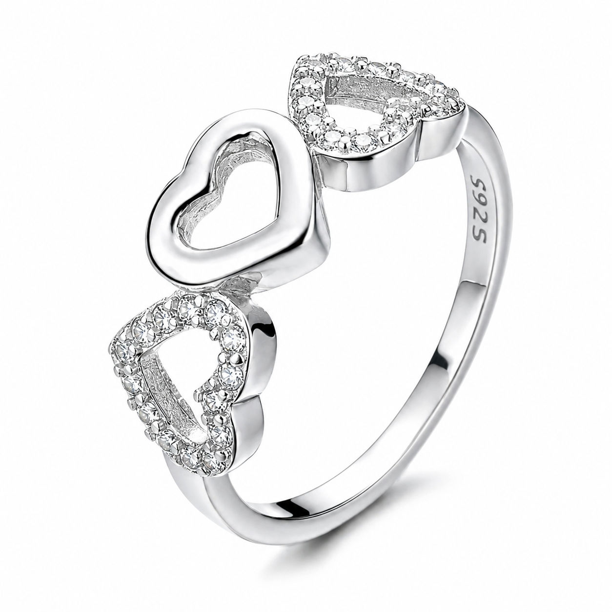 Anillo Plata 925 Mujer Corazones Circón Blanco Elegante-0