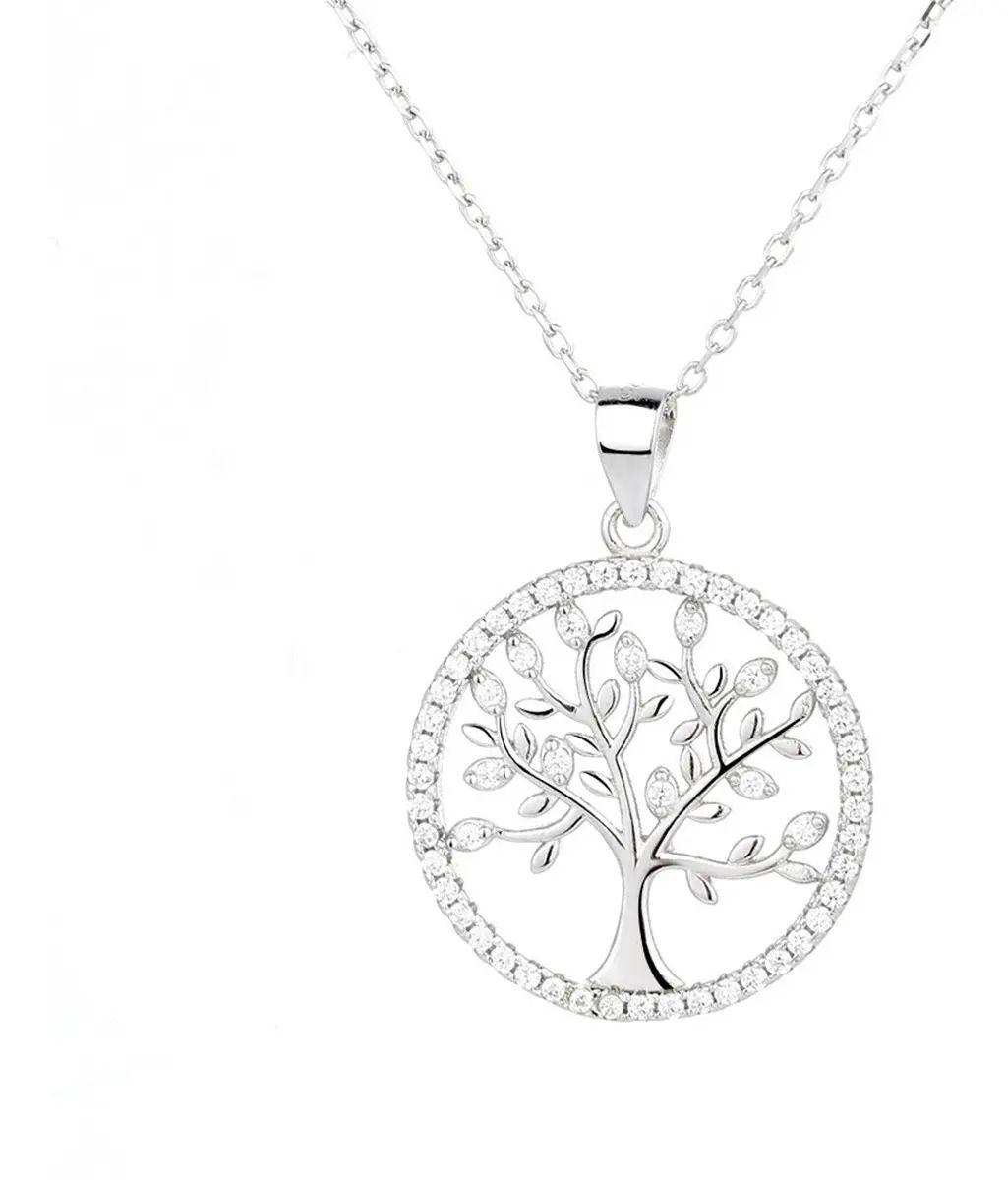 Collar Con Colgante Plata S 925 Árbol De La Vida Circón Azul-0