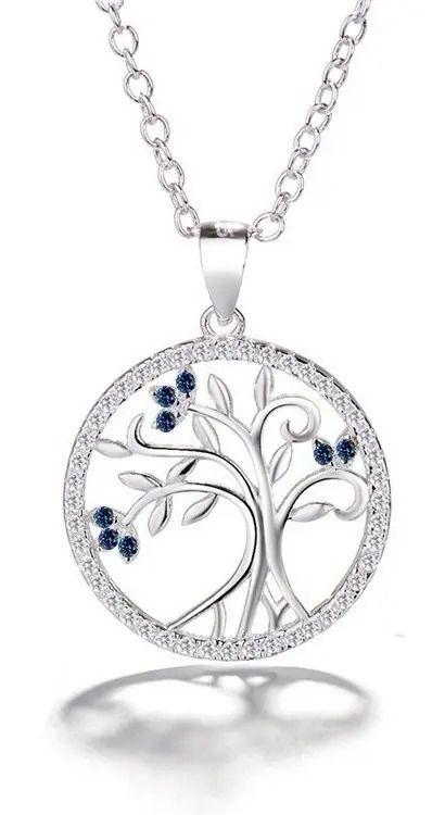 Collar Con Colgante Plata S 925 Árbol De La Vida Circón Azul-1