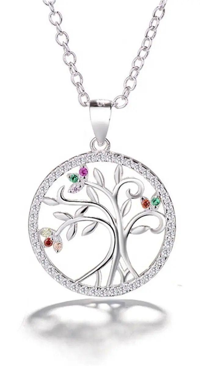 Collar Con Colgante Plata S 925 Árbol De La Vida Circón Azul-3