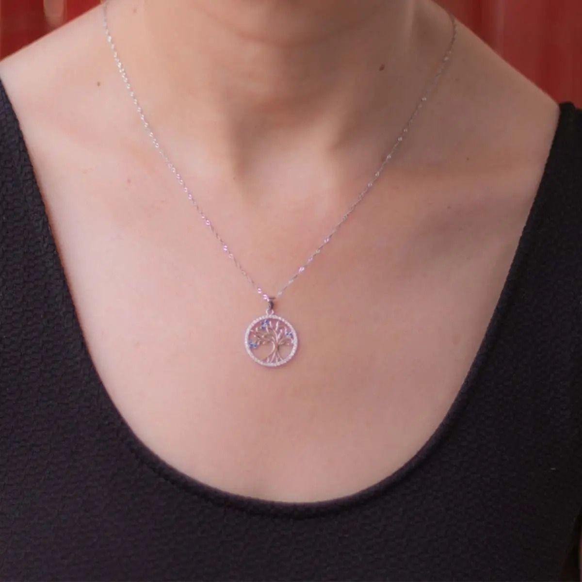Collar Con Colgante Plata S 925 Árbol De La Vida Circón Azul-7
