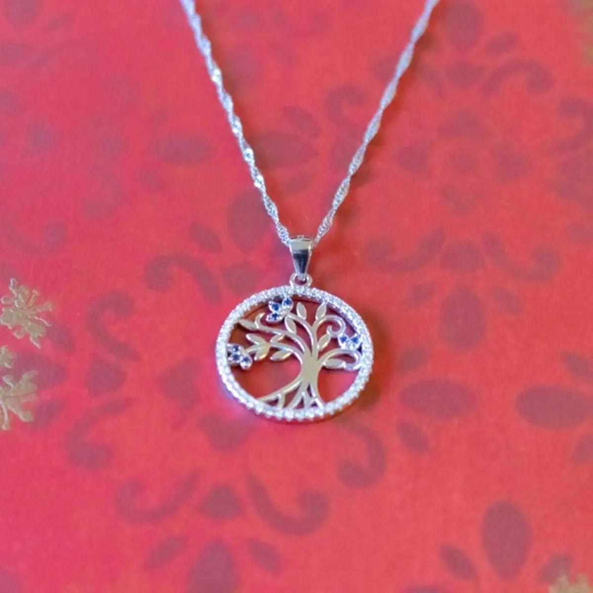 Collar Con Colgante Plata S 925 Árbol De La Vida Circón Azul-8