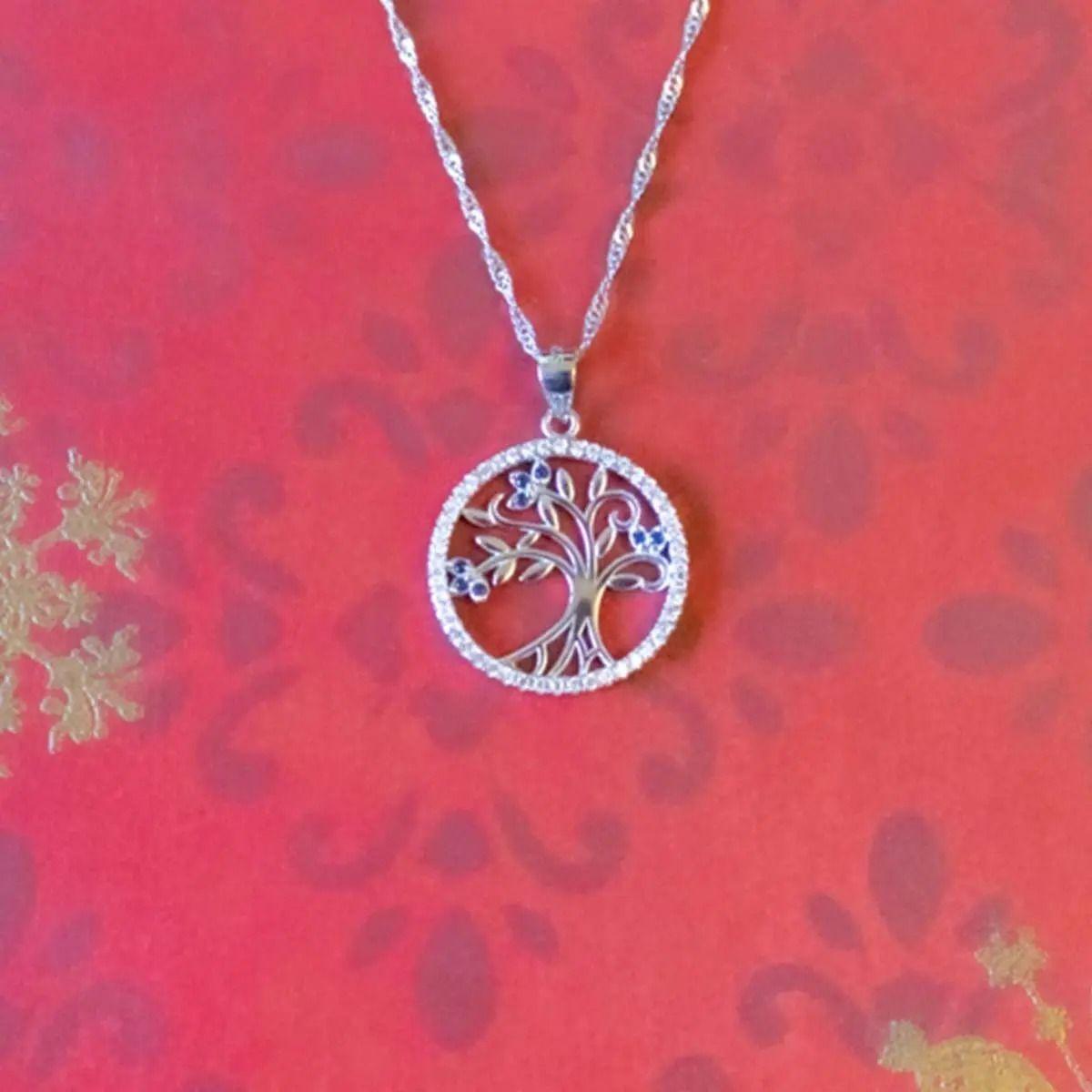 Collar Con Colgante Plata S 925 Árbol De La Vida Circón Azul-9