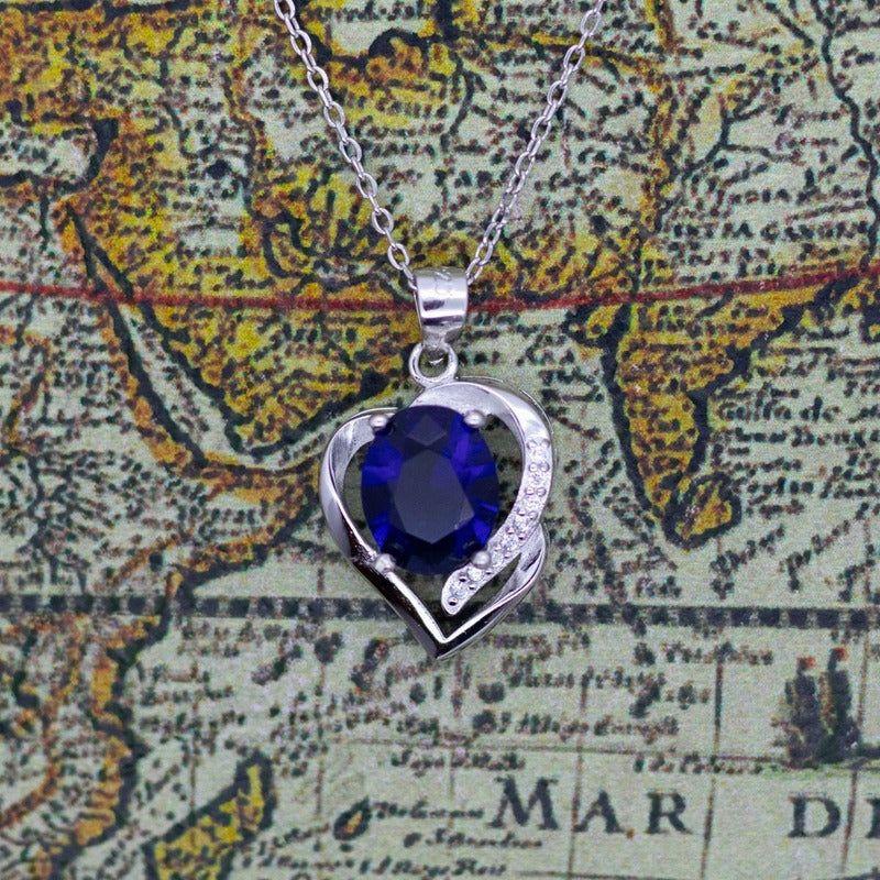 Collar Con Colgante Plata 925 Corazón Circón Azul Elegante-3