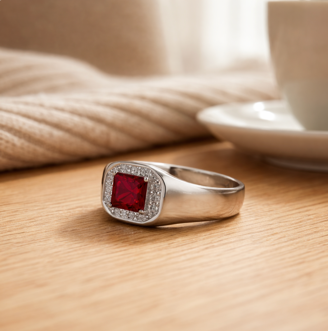 Anillo Plata 925 Mujer Circones Rojo Blanco Diseño Clásico-2