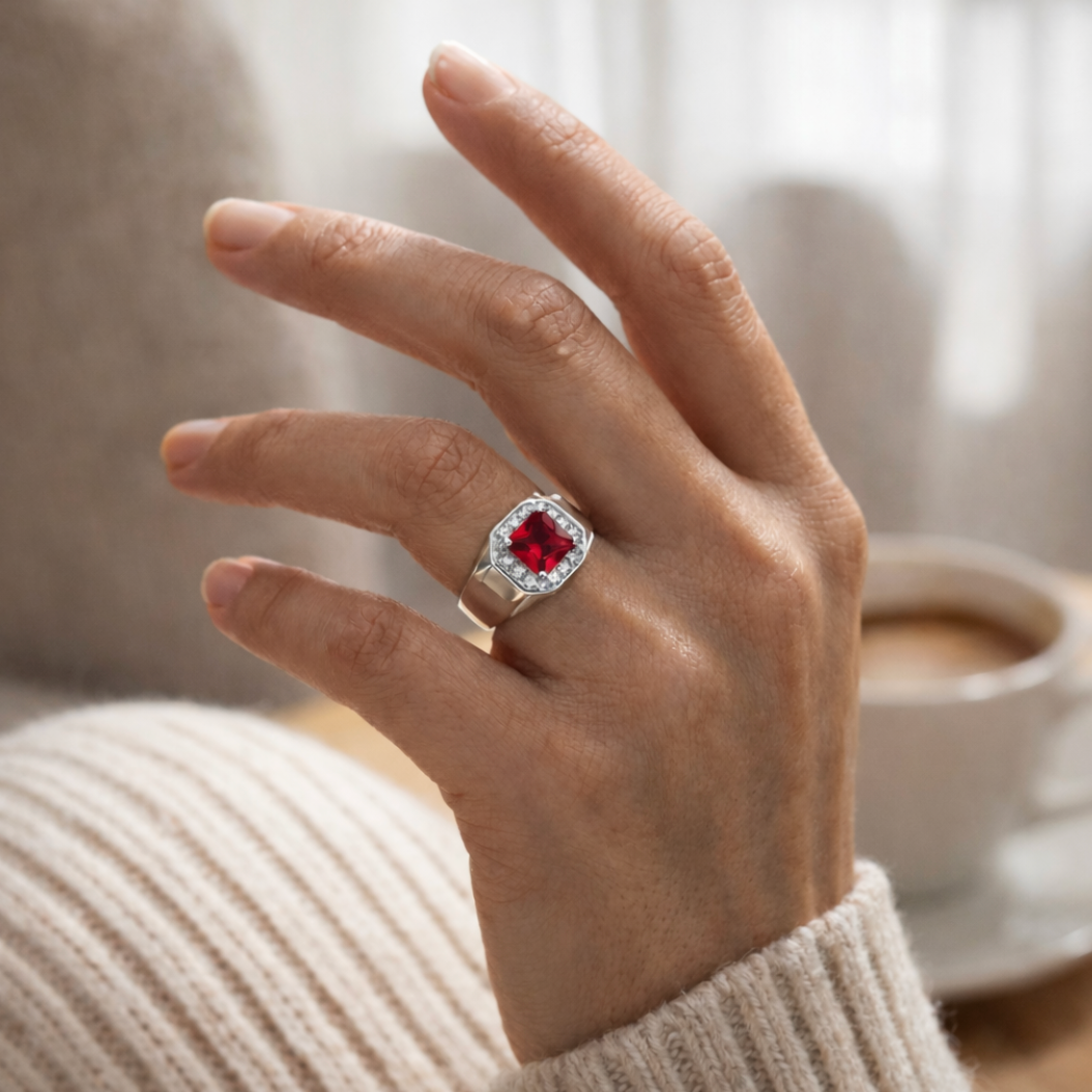Anillo Plata 925 Mujer Circones Rojo Blanco Diseño Clásico-5