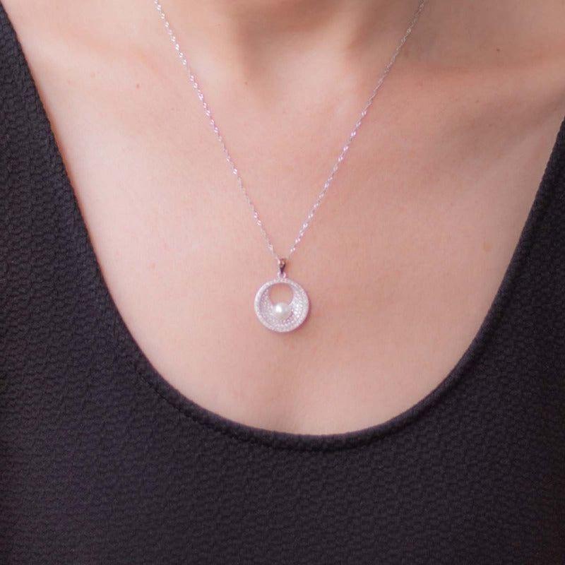 Joya Collar Plata 925 Perla Círculo Circones Blancos Mujer Plateado-1