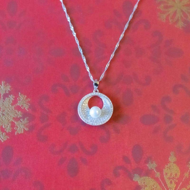 Joya Collar Plata 925 Perla Círculo Circones Blancos Mujer Plateado-2