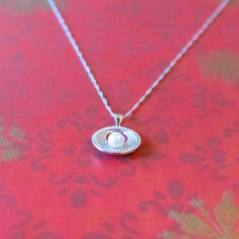 Joya Collar Plata 925 Perla Círculo Circones Blancos Mujer Plateado-4