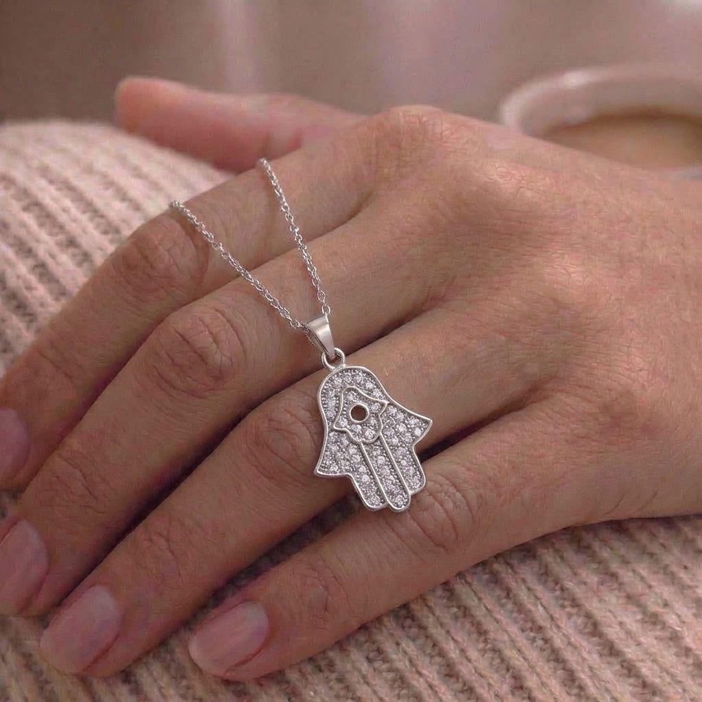 Collar Con Colgante Plata 925 Mano Fátima Circón Religioso Plateado-3