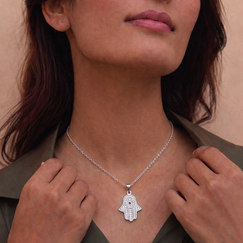Collar Con Colgante Plata 925 Mano Fátima Circón Religioso Plateado-4
