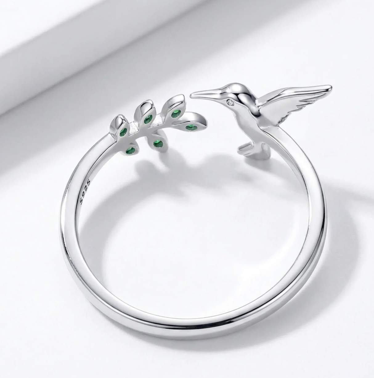 Anillo Plata 925 Colibrí Circones Verdes Ajustable-2