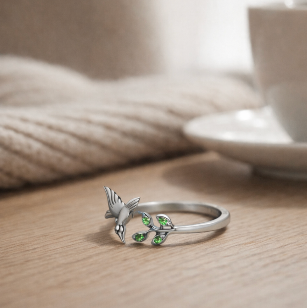 Anillo Plata 925 Colibrí Circones Verdes Ajustable-3
