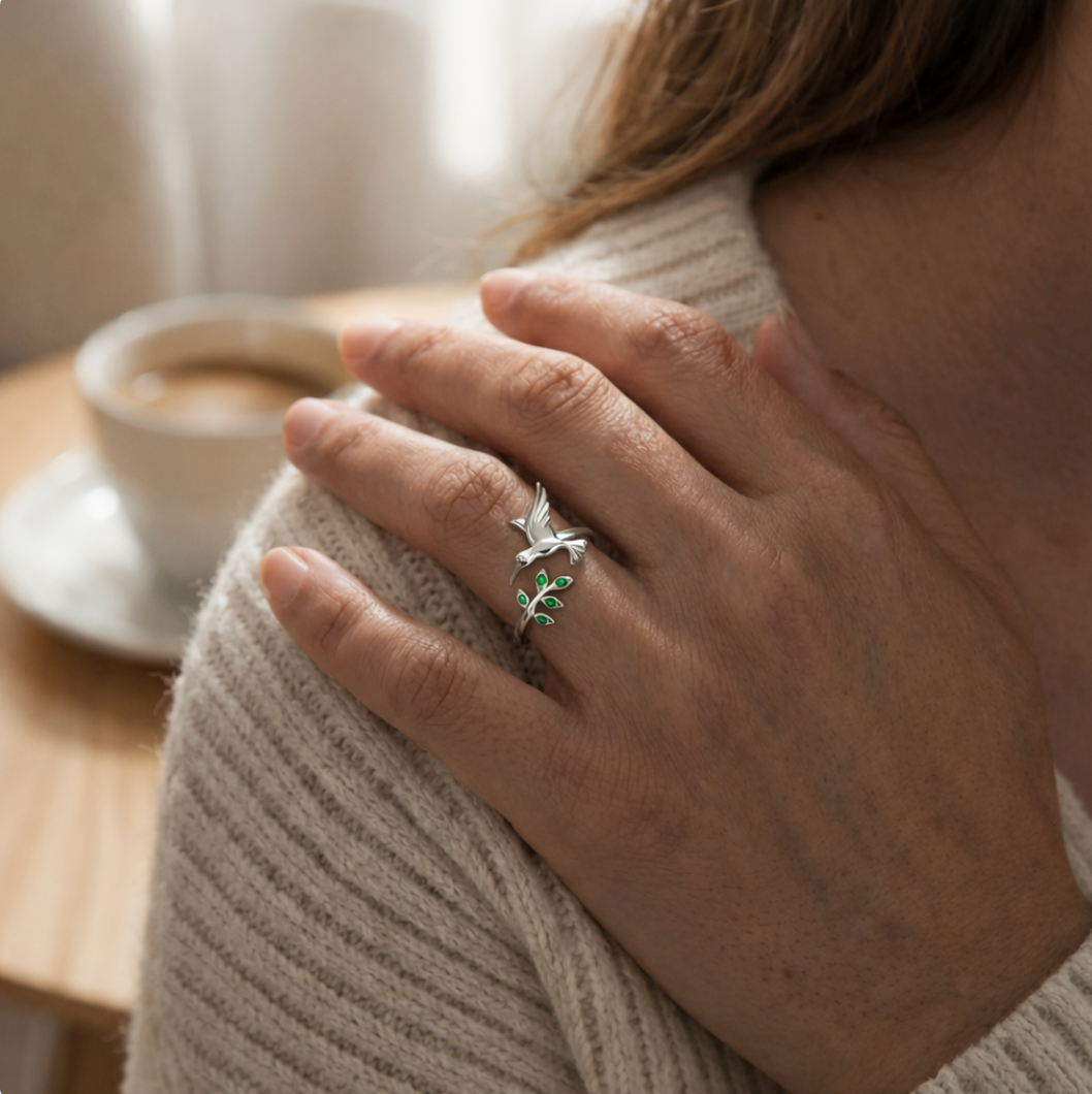 Anillo Plata 925 Colibrí Circones Verdes Ajustable-4