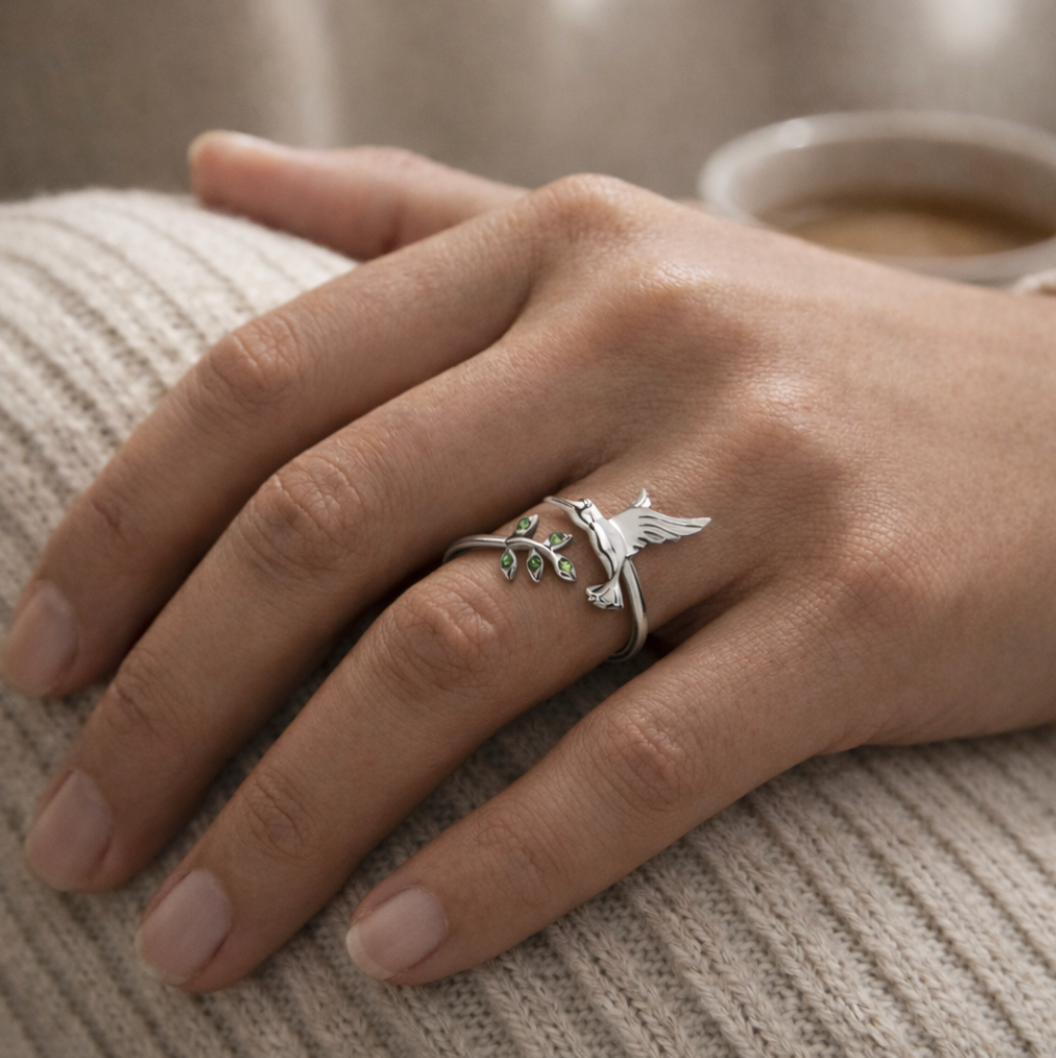 Anillo Plata 925 Colibrí Circones Verdes Ajustable-5