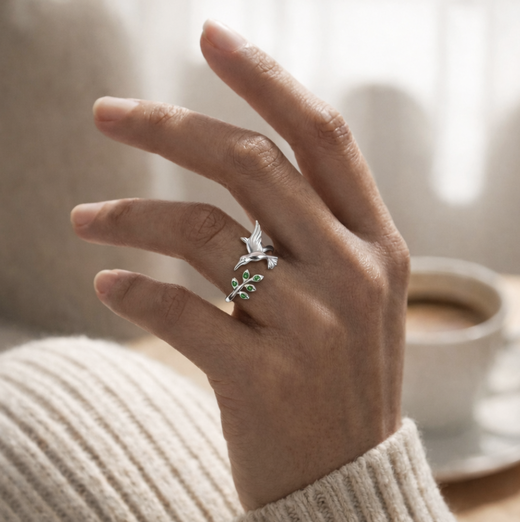 Anillo Plata 925 Colibrí Circones Verdes Ajustable-6