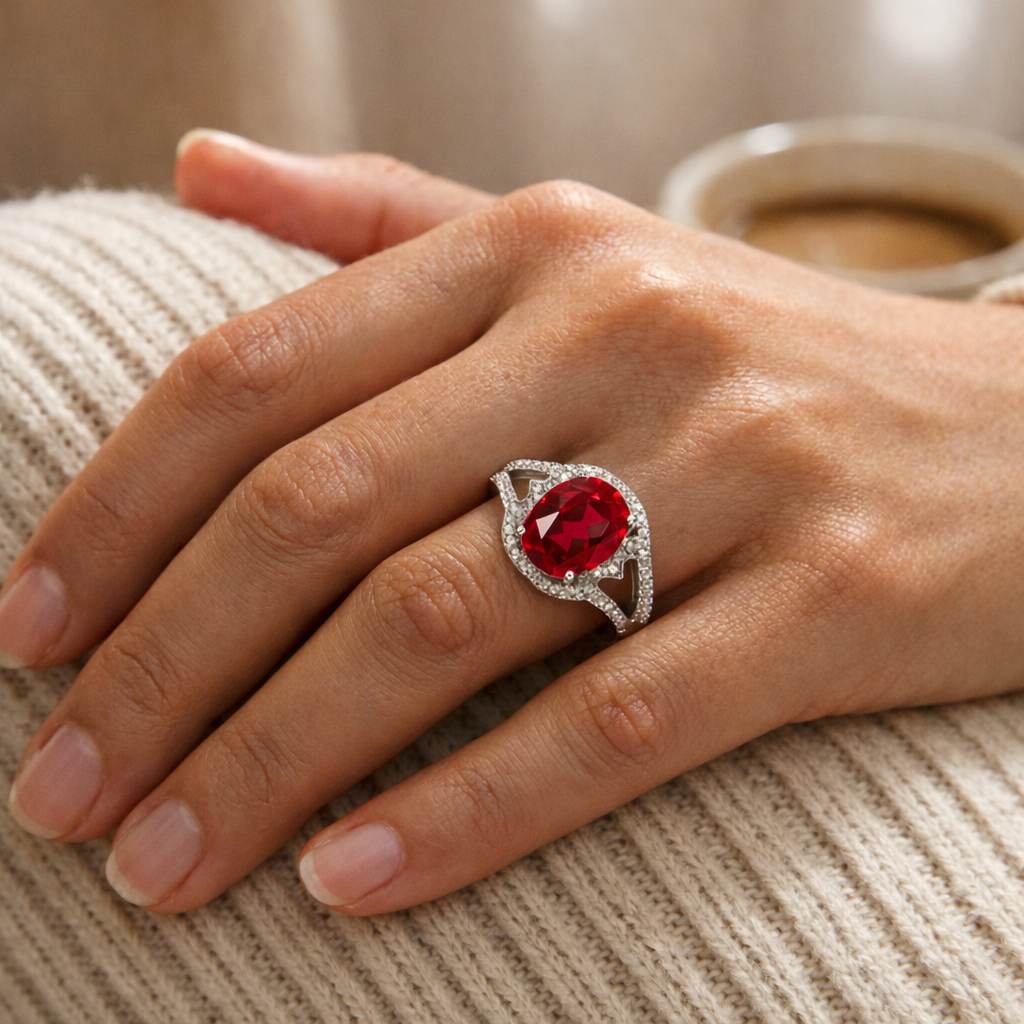 Joya Anillo Plata 925 Mujer Circones Rojo Y Blanco Clásico-3