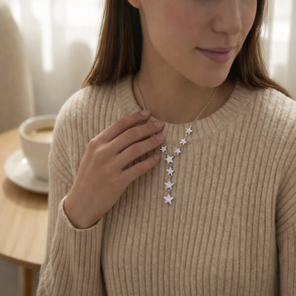 Joya Collar Plata 925 Estrellas Con Circones Blancos Mujer Plateado-3