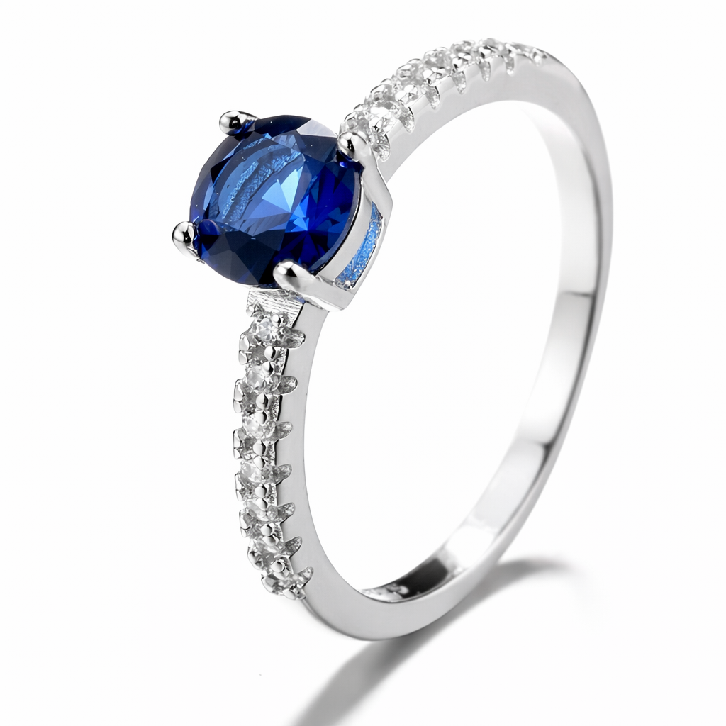 Anillo Plata 925 Circón Azul Diseño Clásico-0
