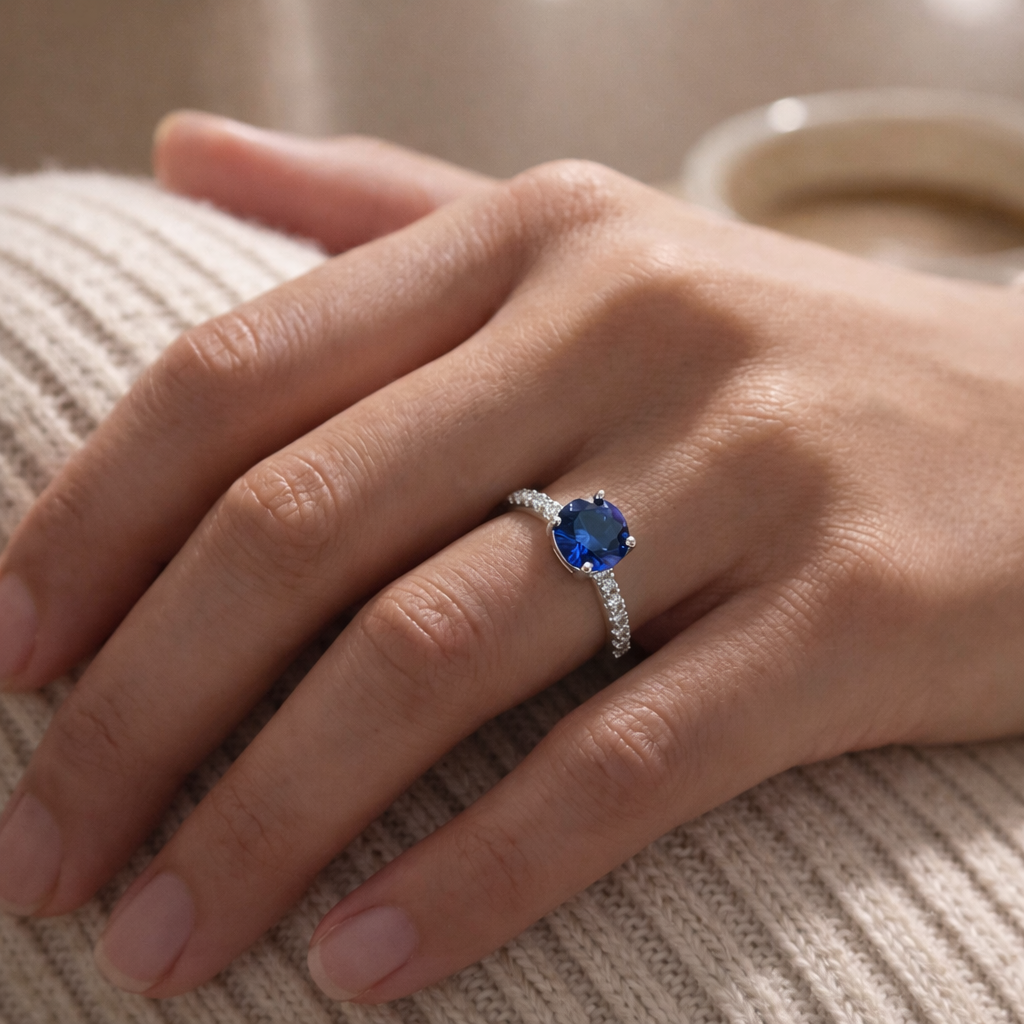 Anillo Plata 925 Circón Azul Diseño Clásico-3