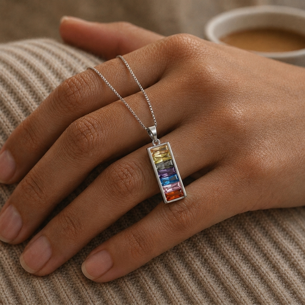 Collar Con Colgante Plata 925 Rectangular Circones Colores Plateado-2