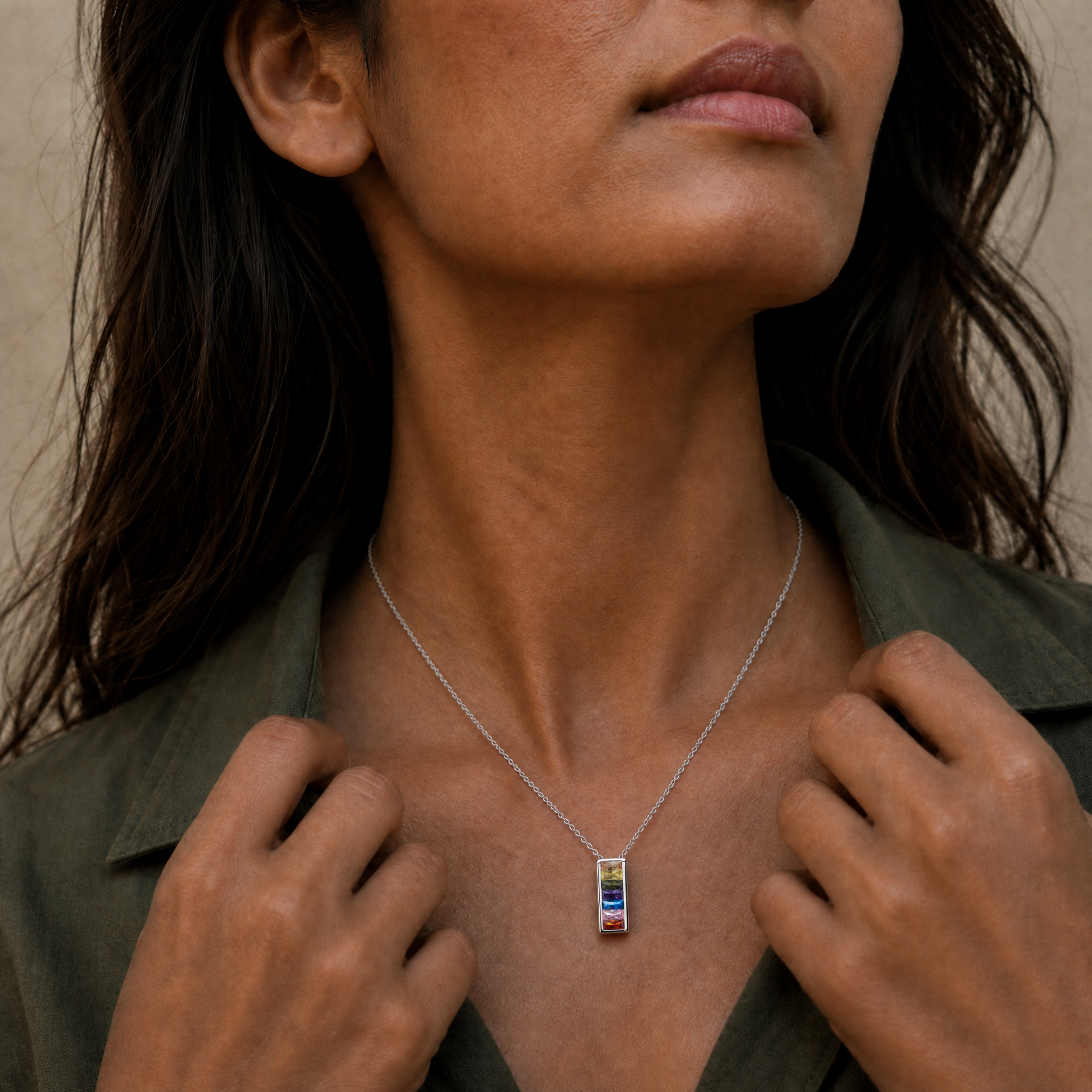 Collar Con Colgante Plata 925 Rectangular Circones Colores Plateado-3