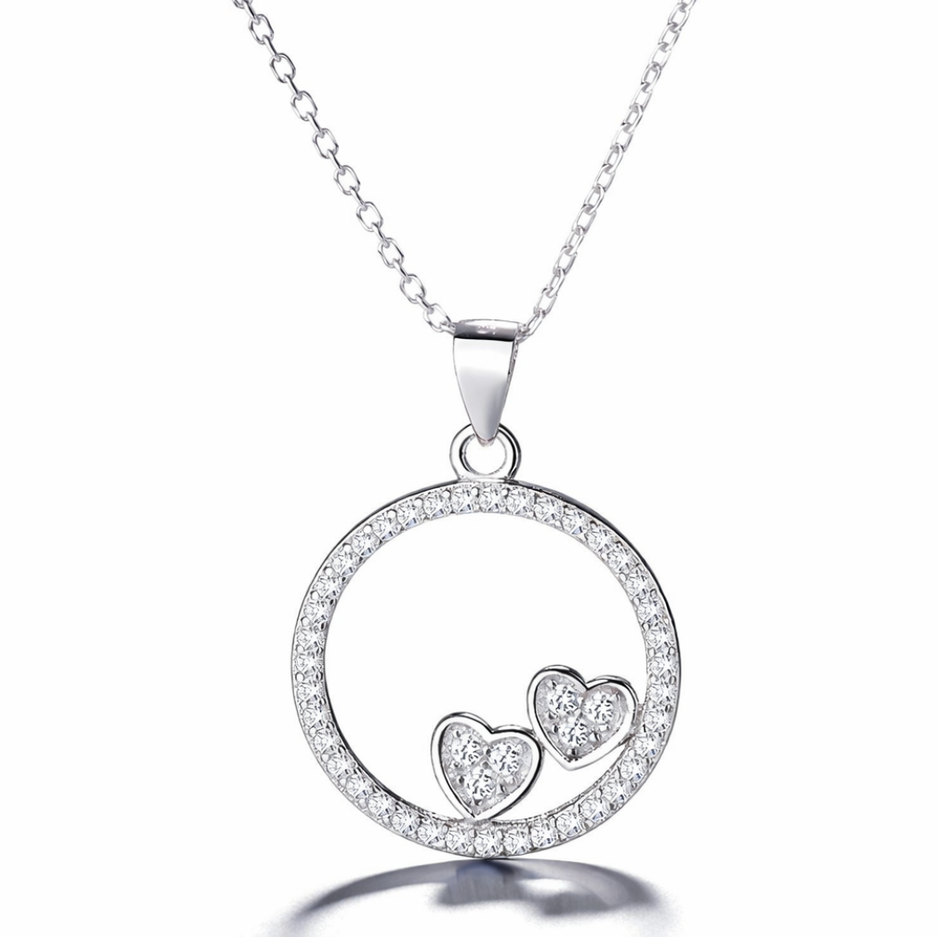 Collar Con Colgante Plata 925 Círculo Corazones Circones Plateado-0