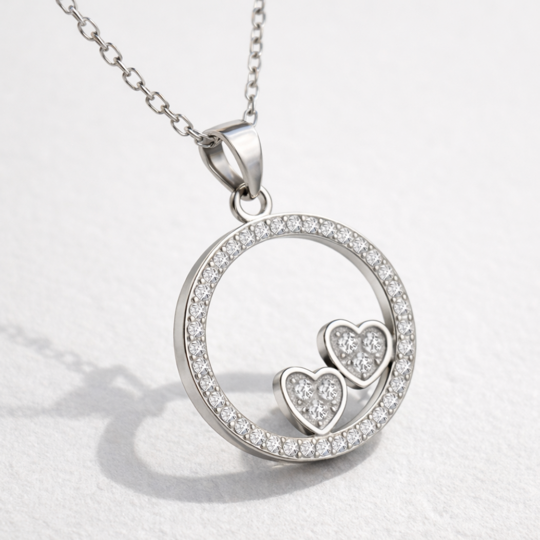 Collar Con Colgante Plata 925 Círculo Corazones Circones Plateado-1