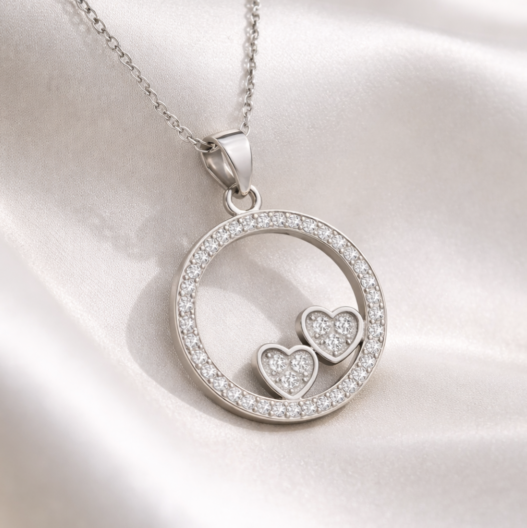 Collar Con Colgante Plata 925 Círculo Corazones Circones Plateado-2