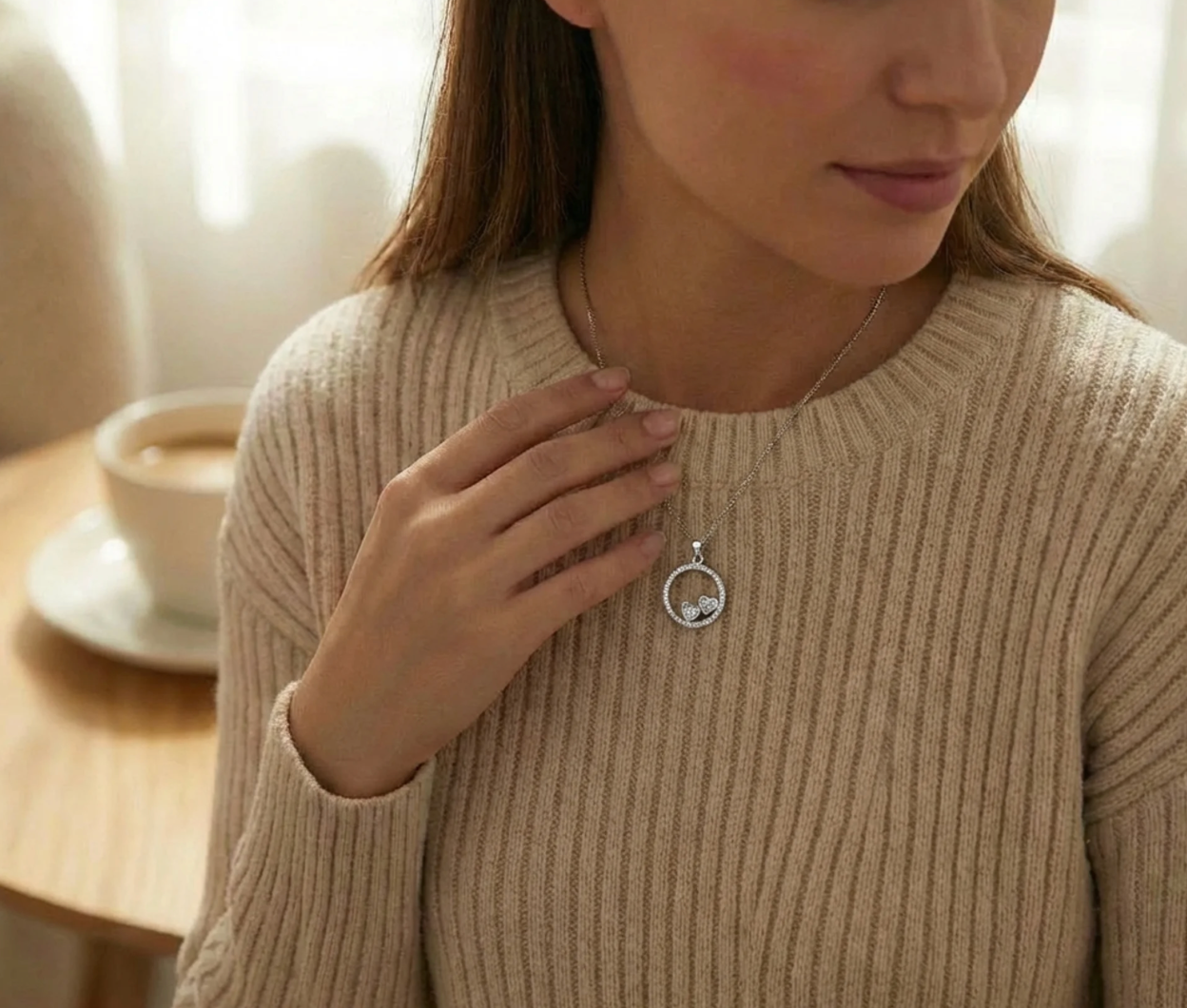 Collar Con Colgante Plata 925 Círculo Corazones Circones Plateado-3