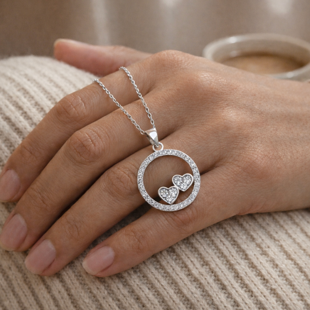 Collar Con Colgante Plata 925 Círculo Corazones Circones Plateado-4