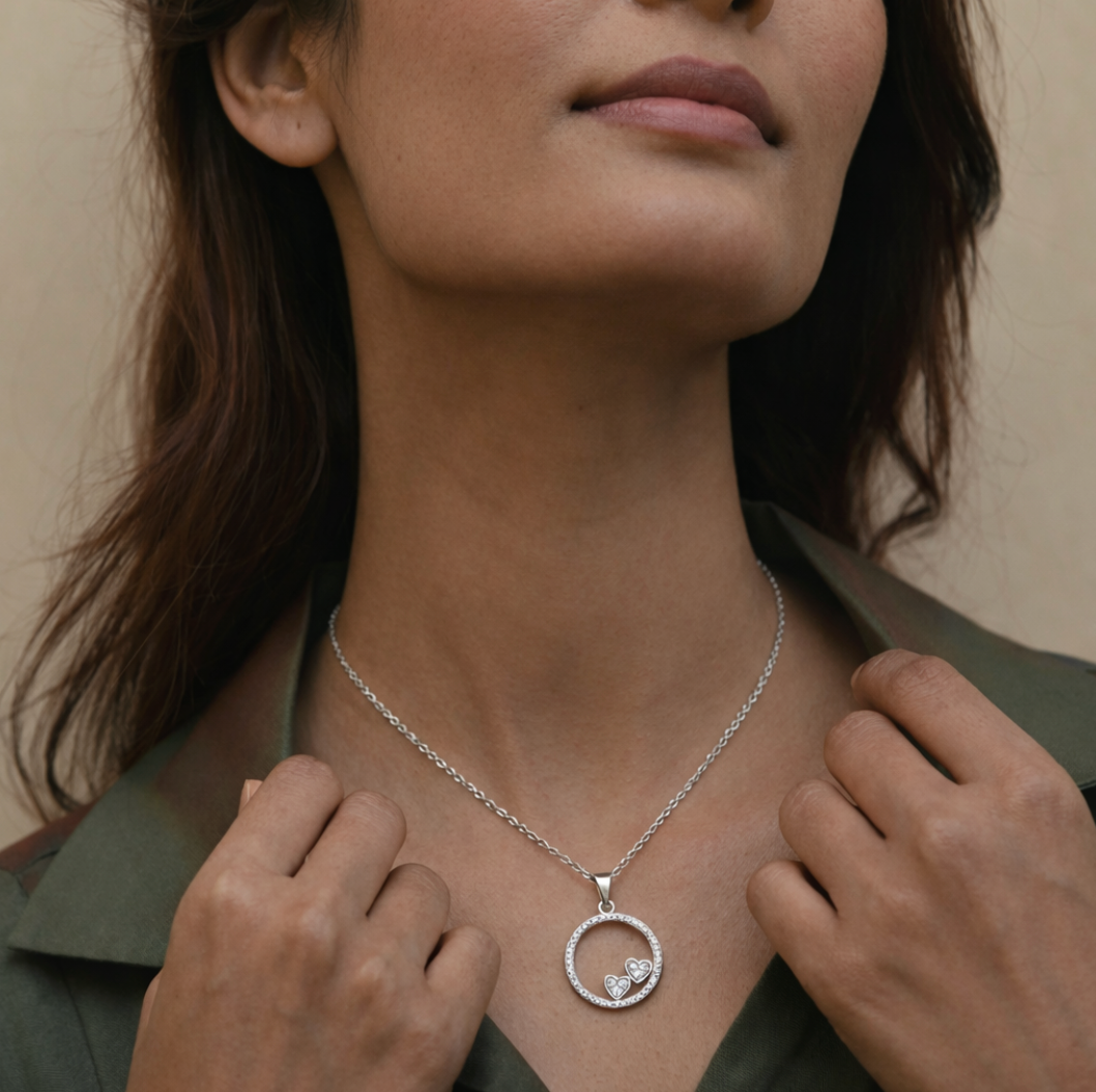 Collar Con Colgante Plata 925 Círculo Corazones Circones Plateado-5