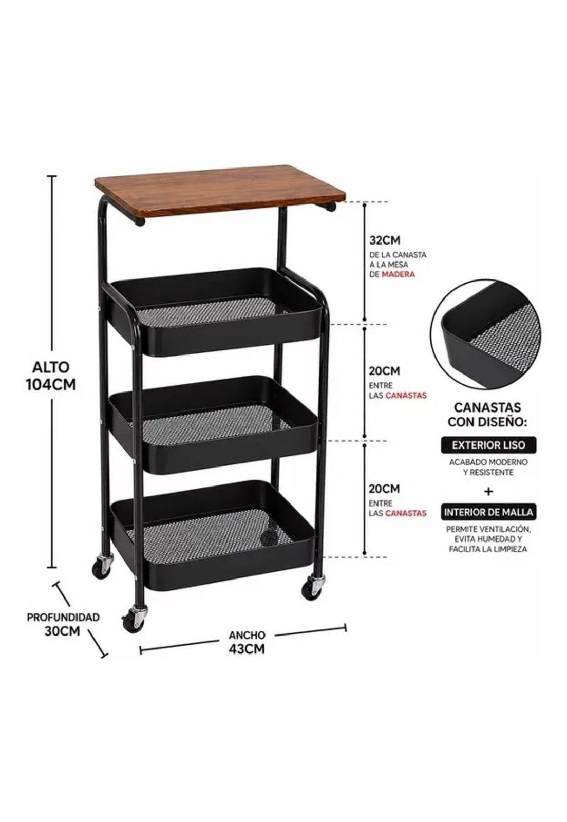Carro Organizador 3 Niveles Con Ruedas Living Cocina Dorm Café Con Negro-4