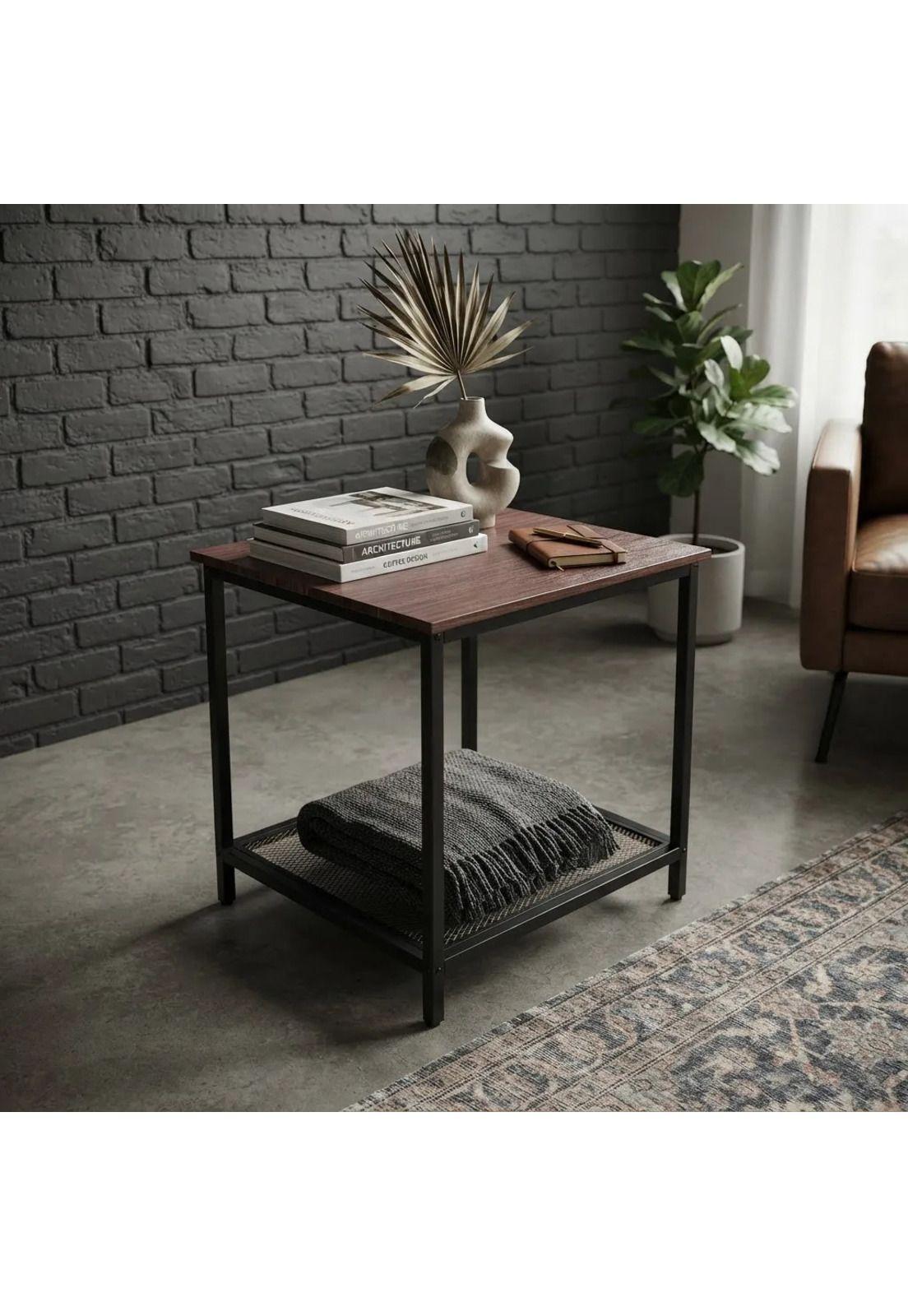 Mesa Auxiliar Lateral Con Repisa Madera Metal Café Oscuro-0