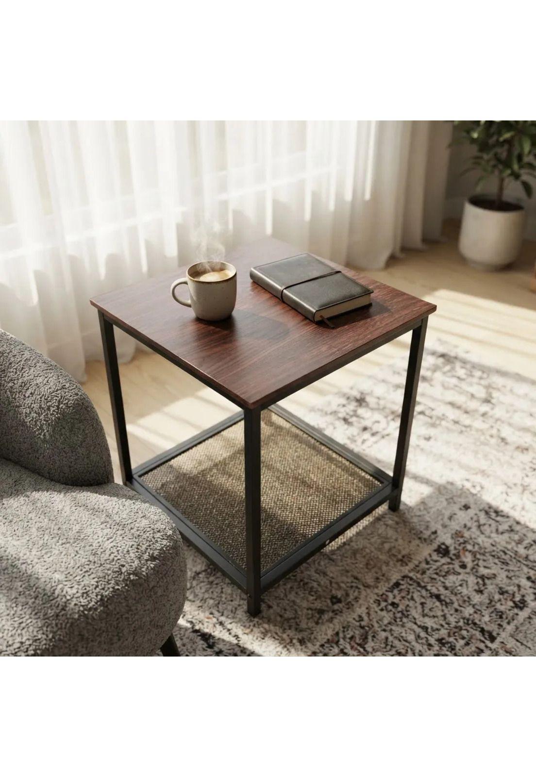 Mesa Auxiliar Lateral Con Repisa Madera Metal Café Oscuro-1