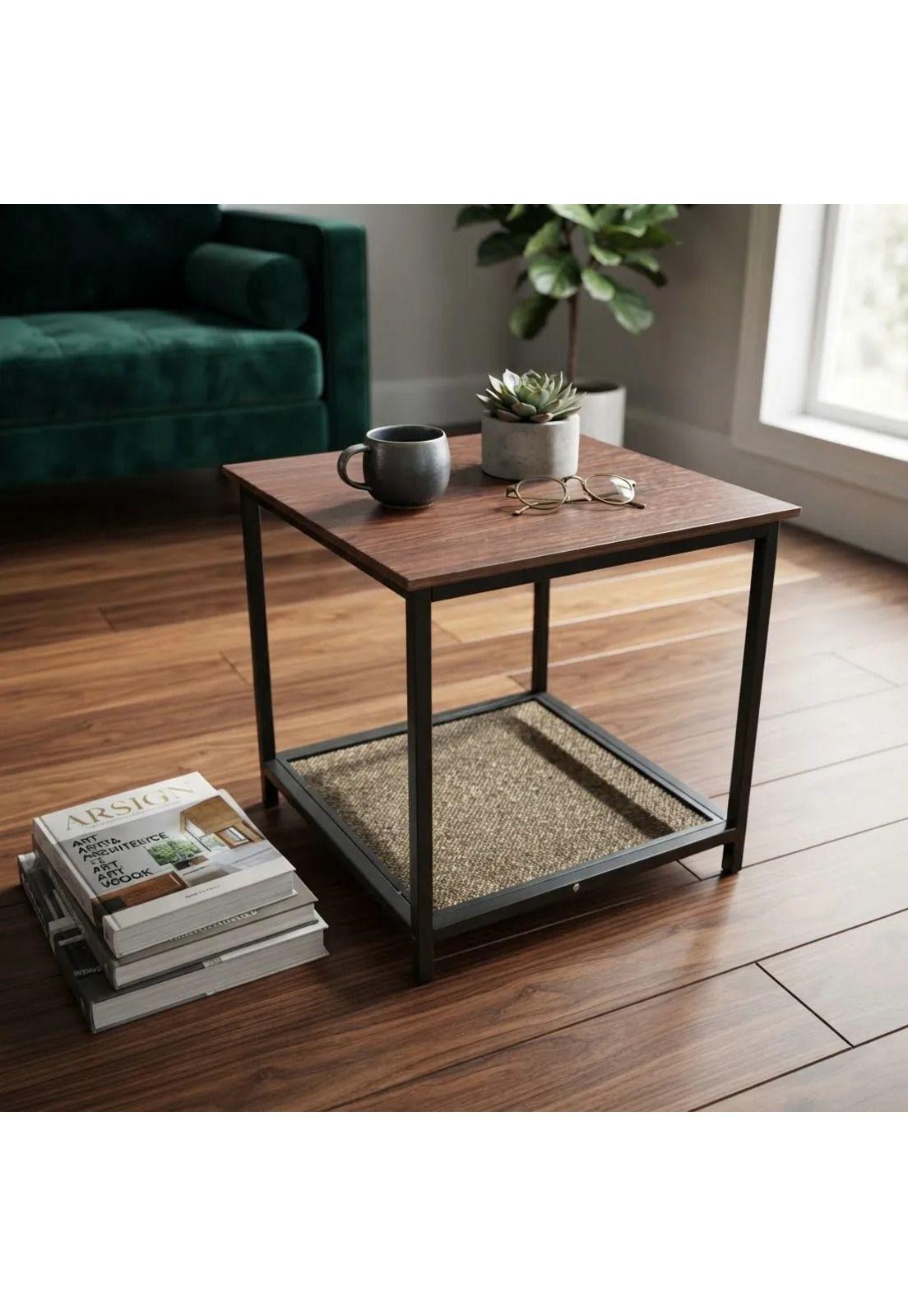 Mesa Auxiliar Lateral Con Repisa Madera Metal Café Oscuro-2