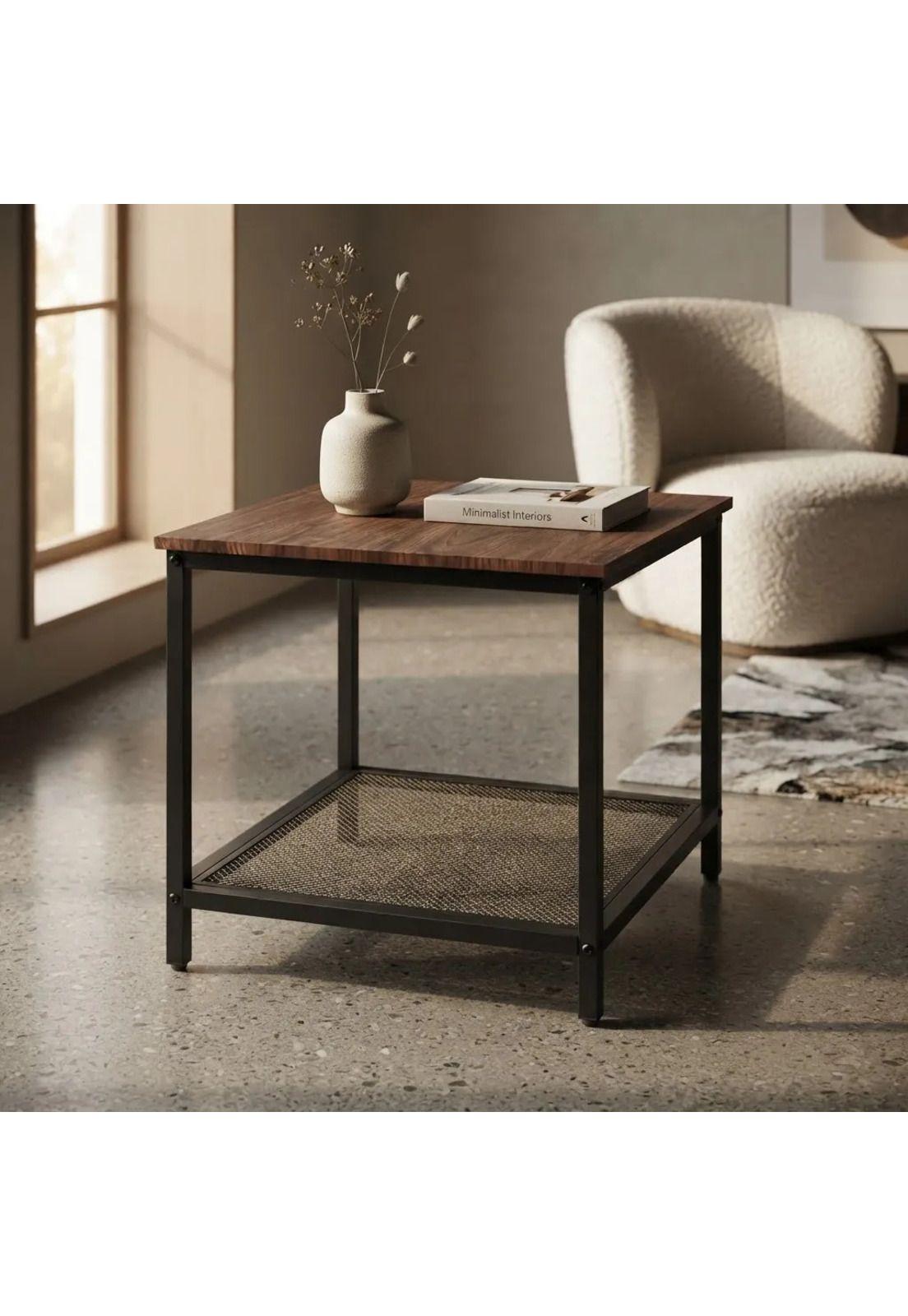 Mesa Auxiliar Lateral Con Repisa Madera Metal Café Oscuro-3