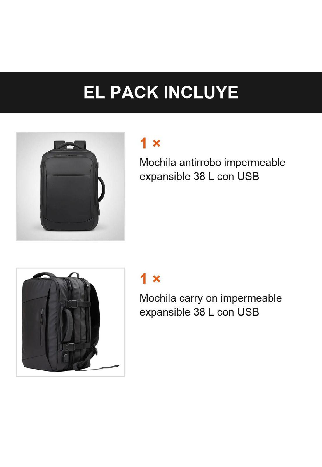 Pack 2 Mochilas Antirrobo Impermeables Expansibles 38l Usb Negro Impermeable-1