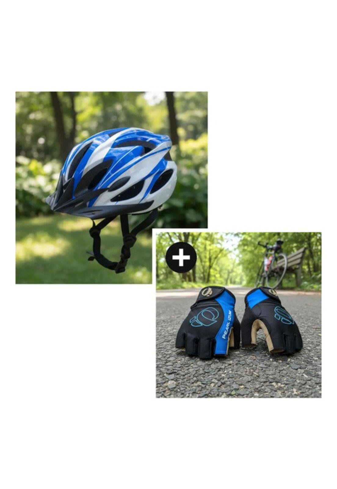 Kit Ciclista Casco Mtb Azul + Guantes Gel Dedos Cortos Azul L-0