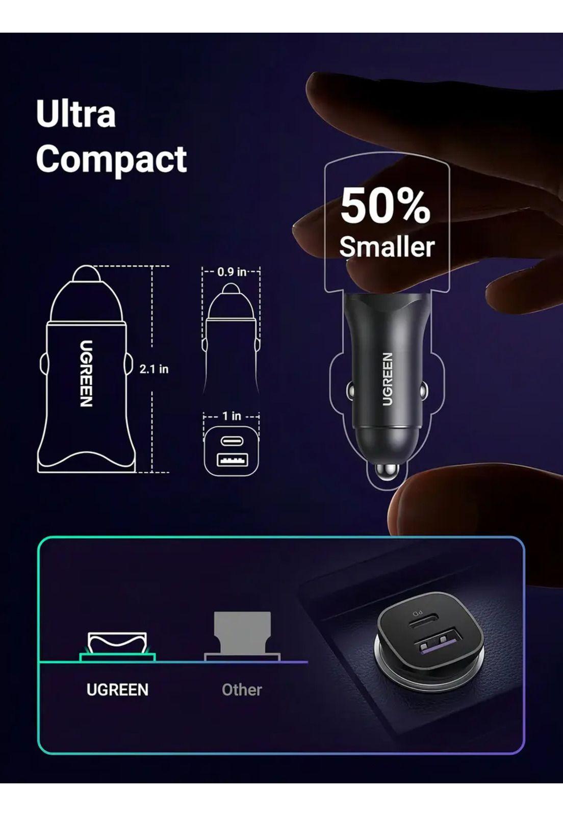 Cargador Para Auto Dual Usb + Tipo C 30w Carga Rapida Ugreen Color Negro-7