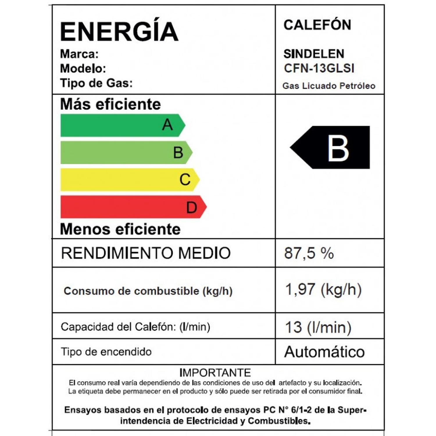 Calefont Sindelen 13 Litros Gas Licuado- Tiro Natural CFN-13GLSI-2