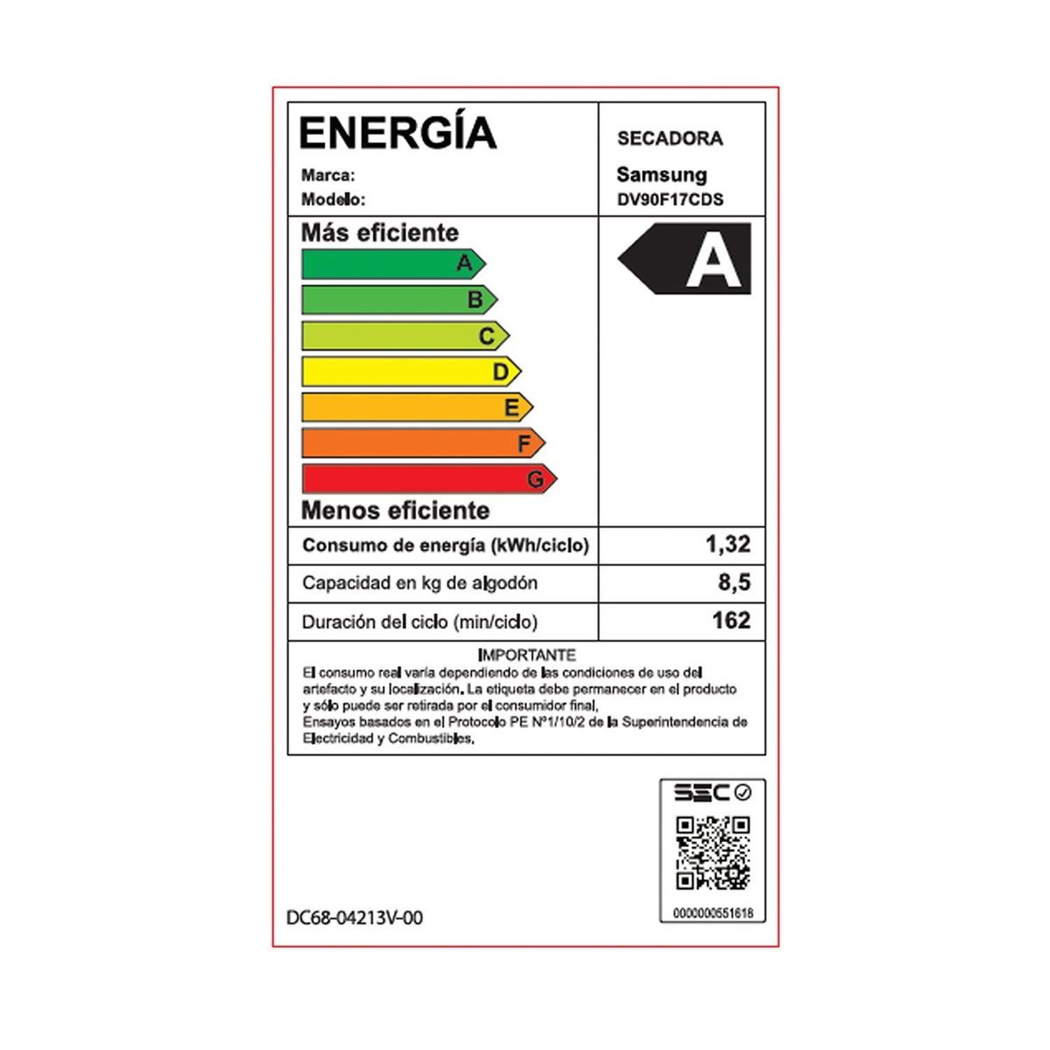 Secadora Samsung DV90F17CDSZS Carga Frontal 17 kg Gris-6