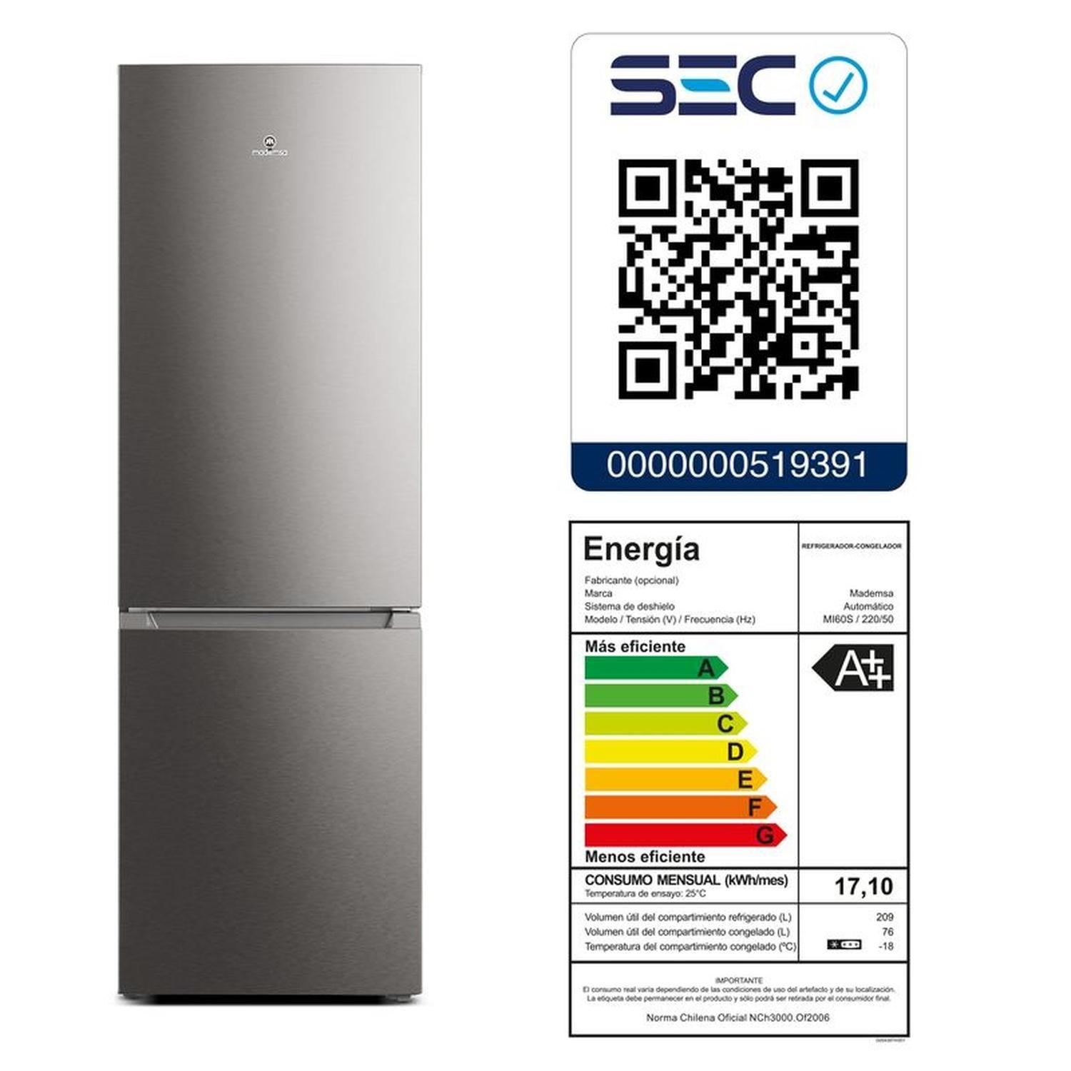 Refrigerador Mademsa Bottom Freezer No Frost 285 Litros Inox MI60S-8