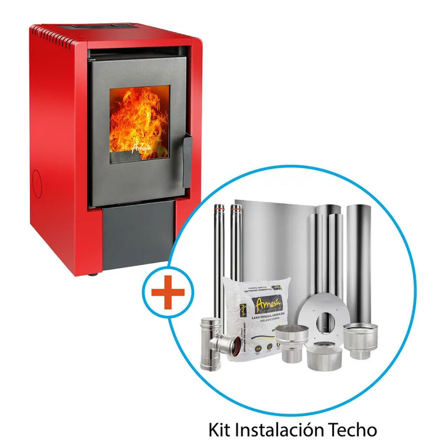 Estufa Pellet Amesti Italy 6100-3 Roja + Kit Instalación Muro Rojo-3