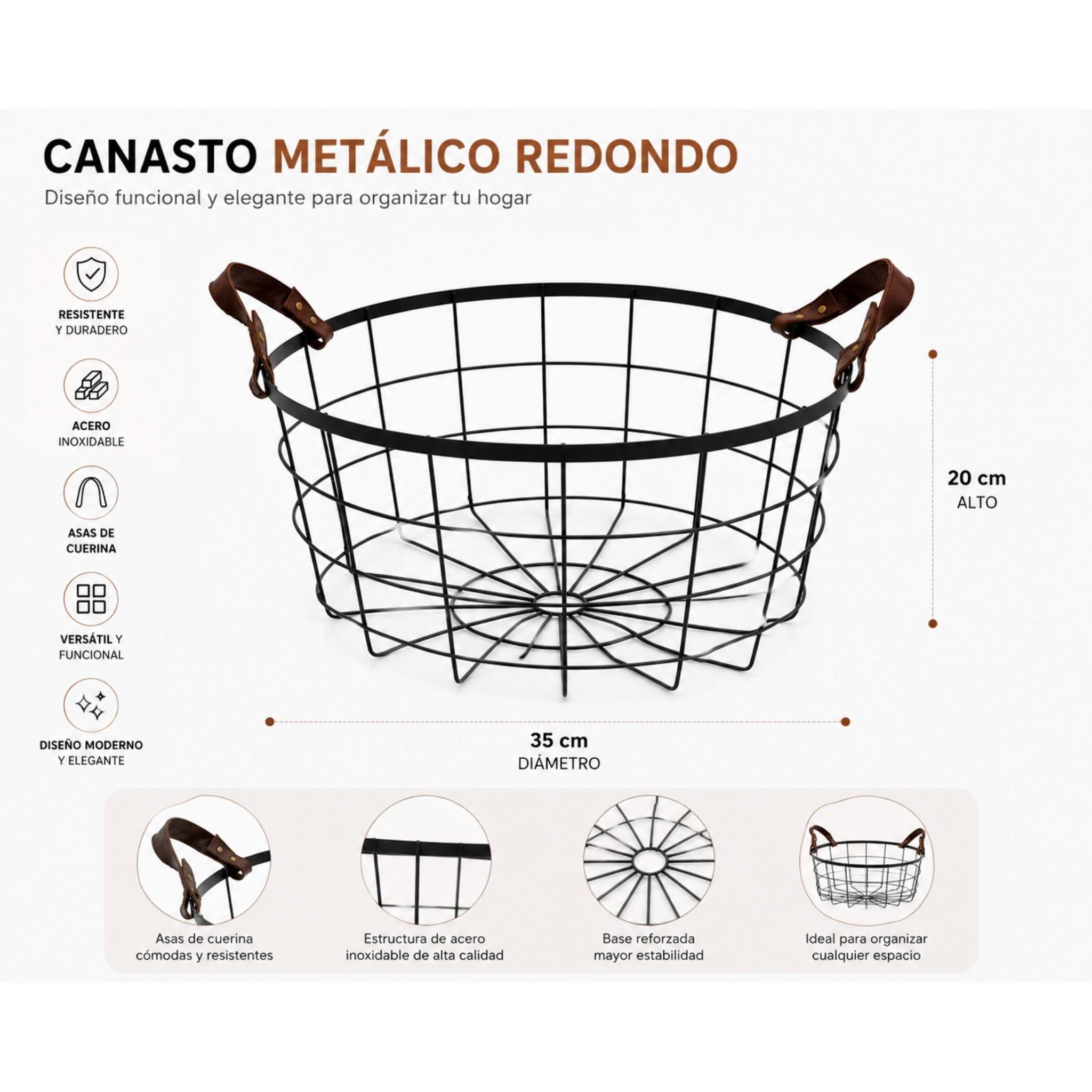 Canasto Redondo Cuiner Negro con Asas de Cuerina 35cm-2