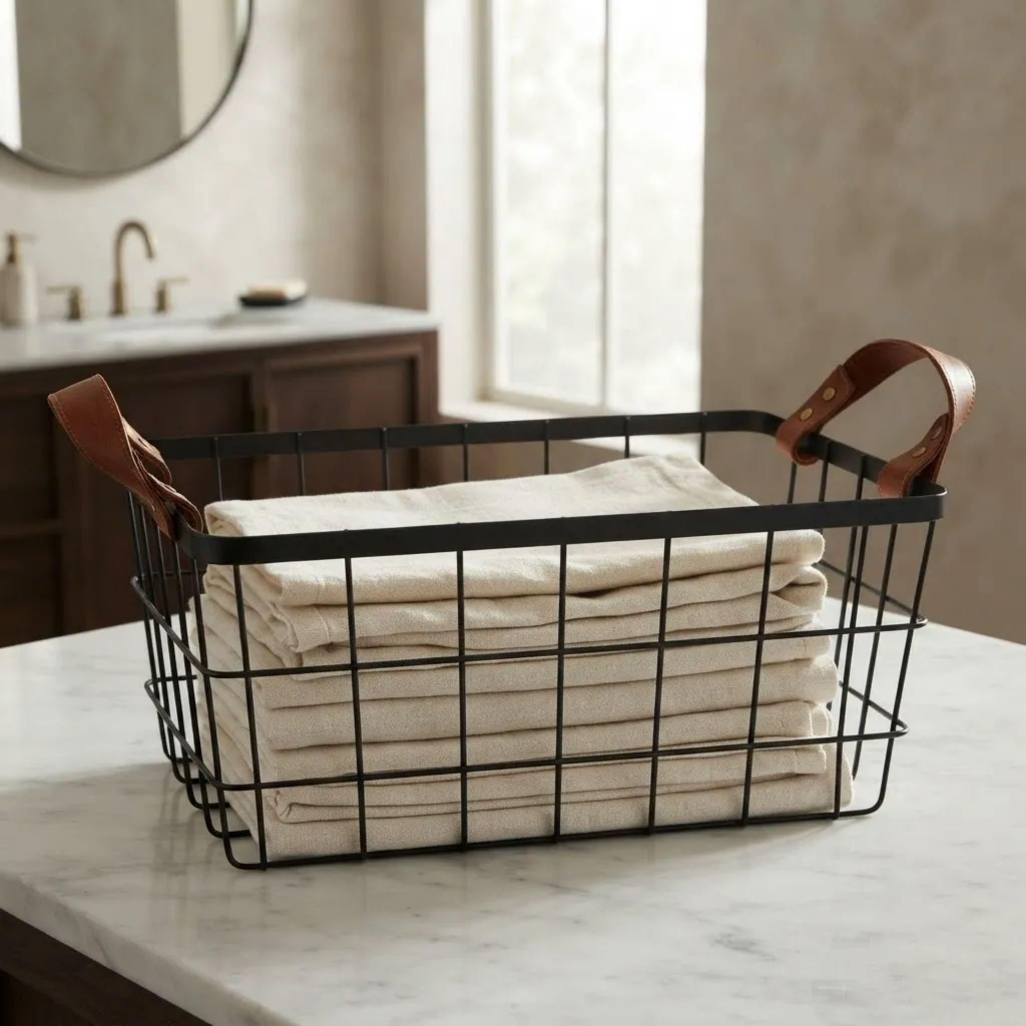Canasto Organizador Metalico Negro Con Asas De Cuero 38x28cm-0