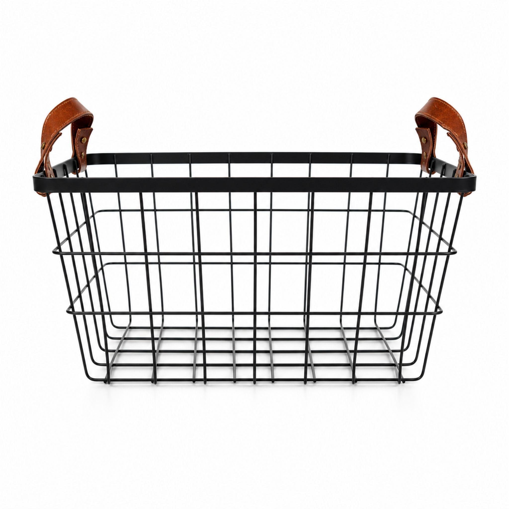 Canasto Organizador Metalico Negro Con Asas De Cuero 38x28cm-1