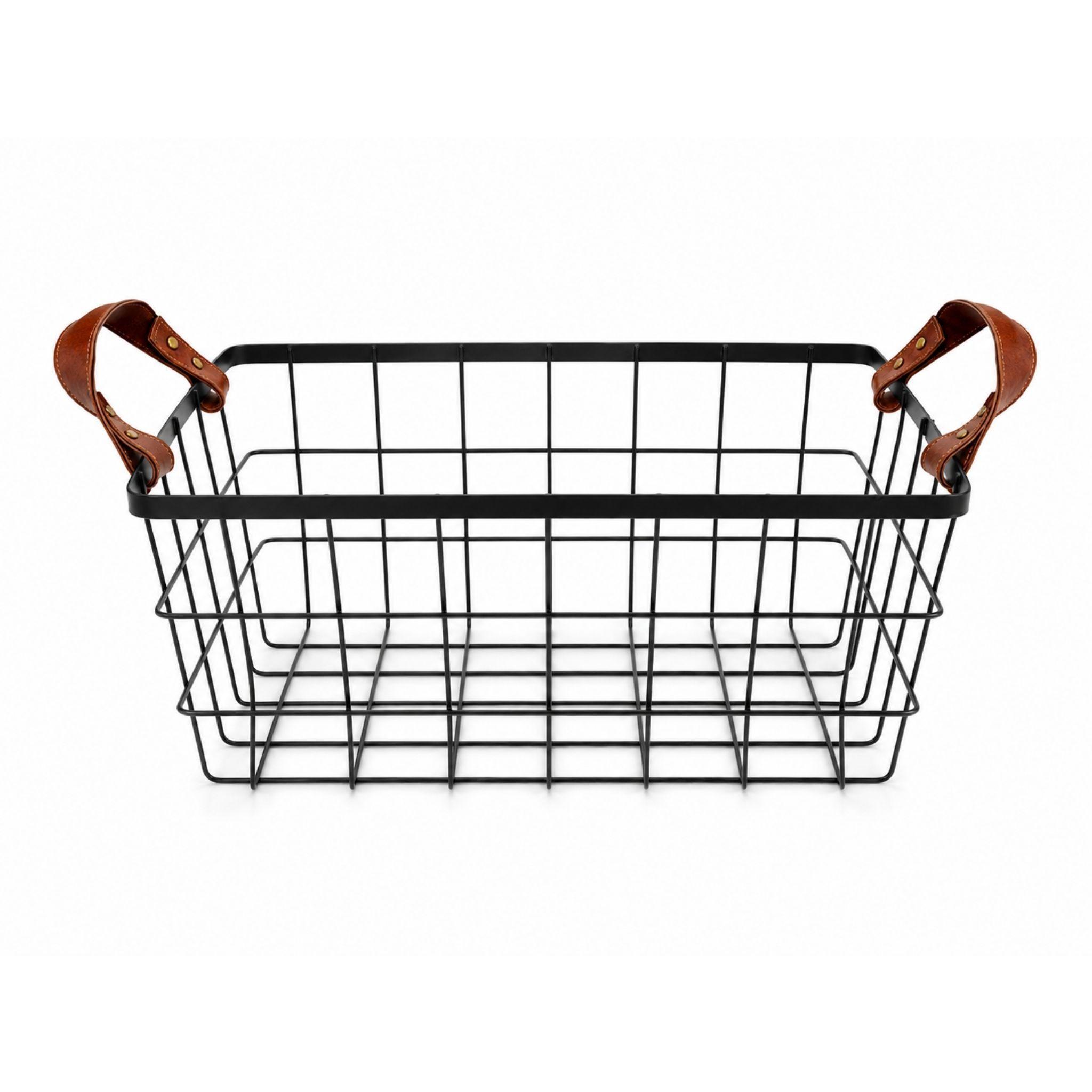 Canasto Organizador Metalico Negro Con Asas De Cuero 38x28cm-2