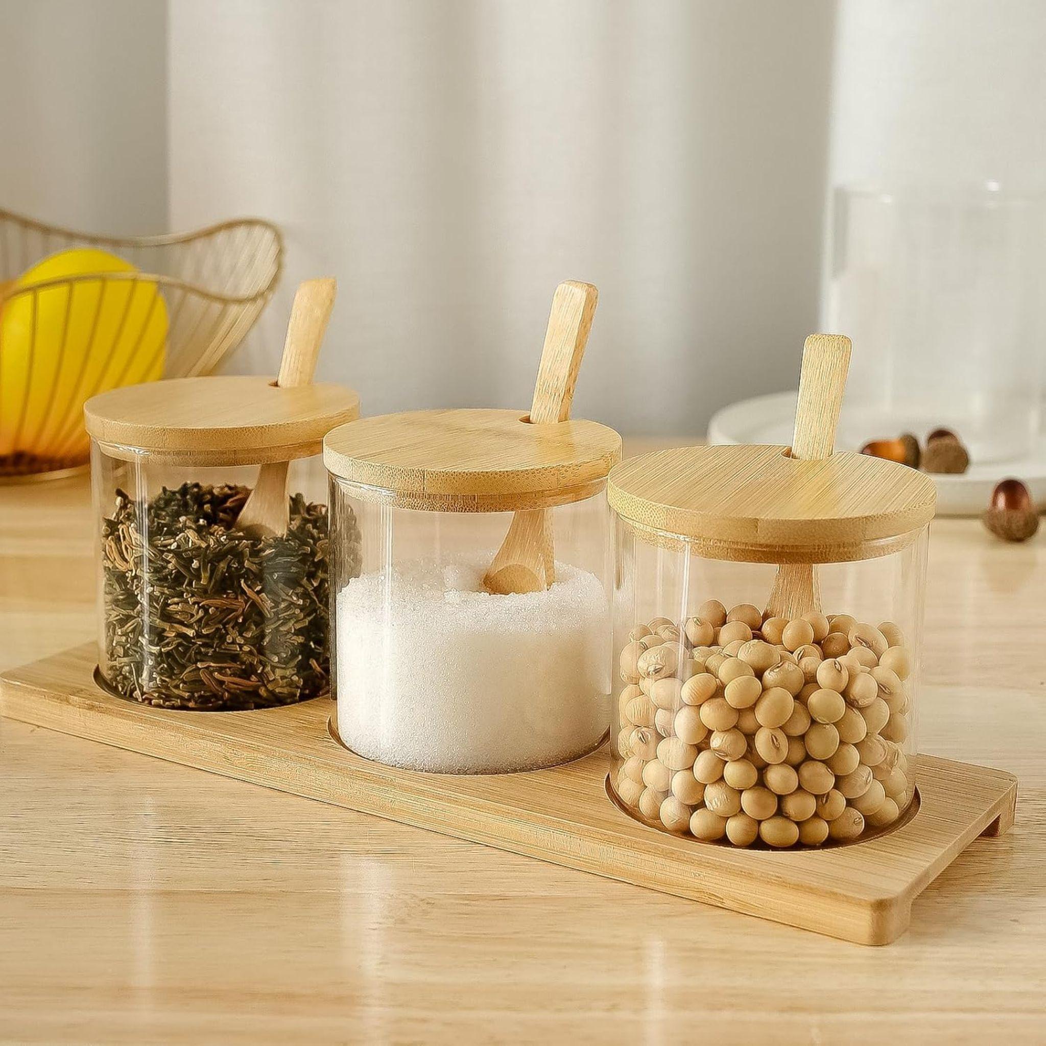 Set 3 Frascos De Vidrio Tapa Bamb Base Organizadora Especieros Azucareras-2