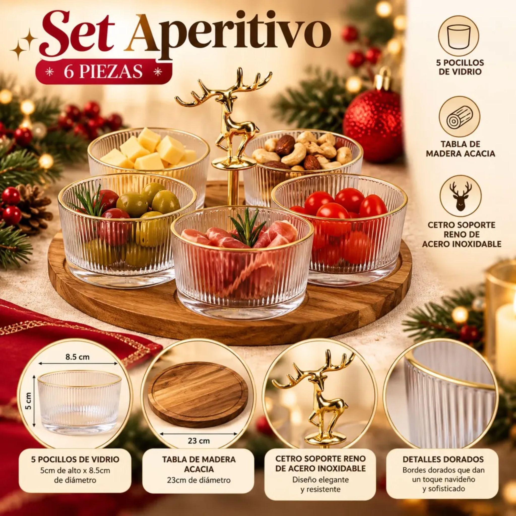 Set Aperitivo Navidad 6 Pzas Vidrio Madera Acacia Reno-2